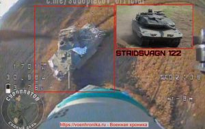 Warleaks 00624 Rosjanie zniszczyli szwedzki czołg Stridsvagn 122 dronem kamikadze „VT-40”. Jest to nowoczesny zmodernizowany Leopard.